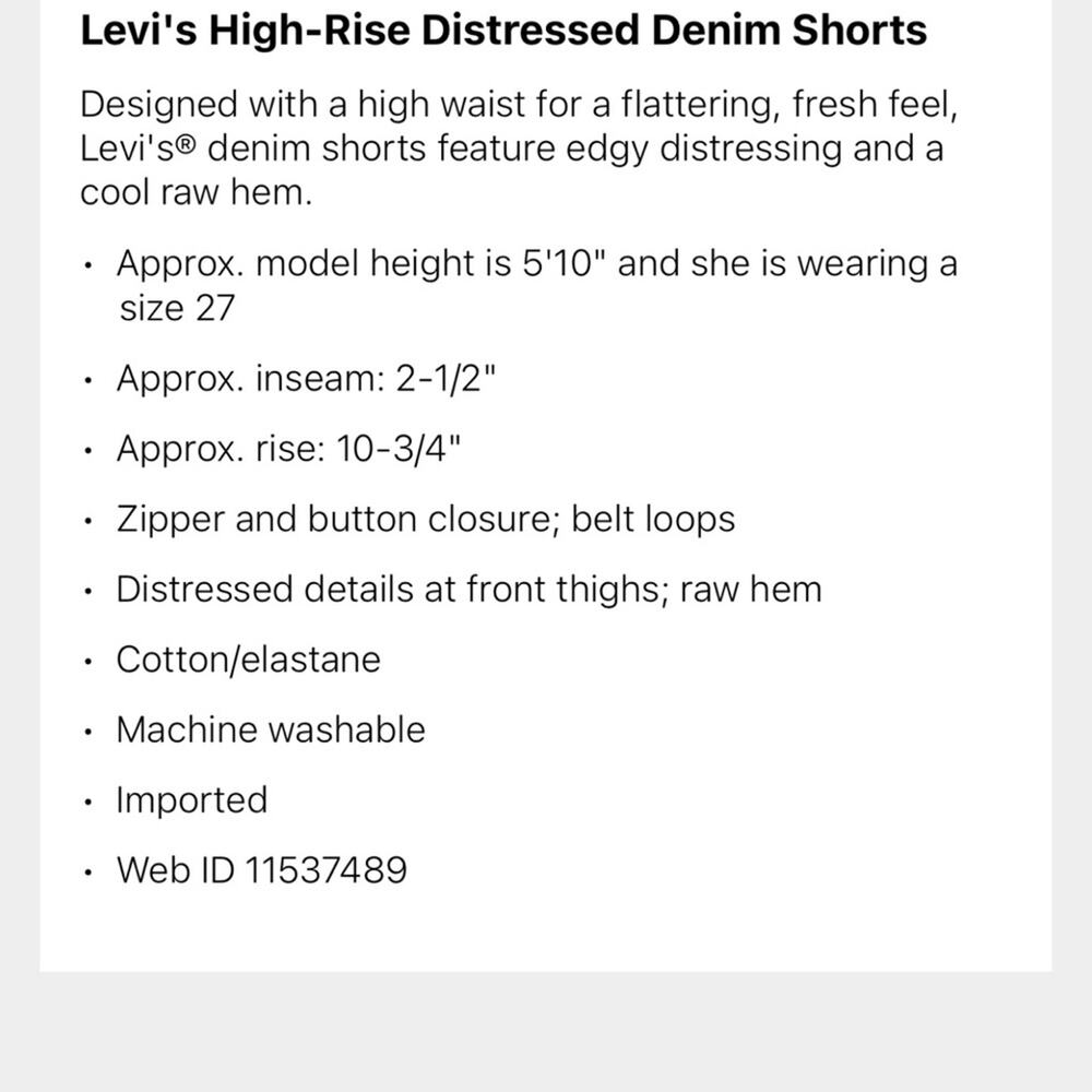 Levi’s Shorts NWT High Rise Distressed Cut-Off Jean Raw Hem Denim Stretch 4/27 - Picture 6 of 6